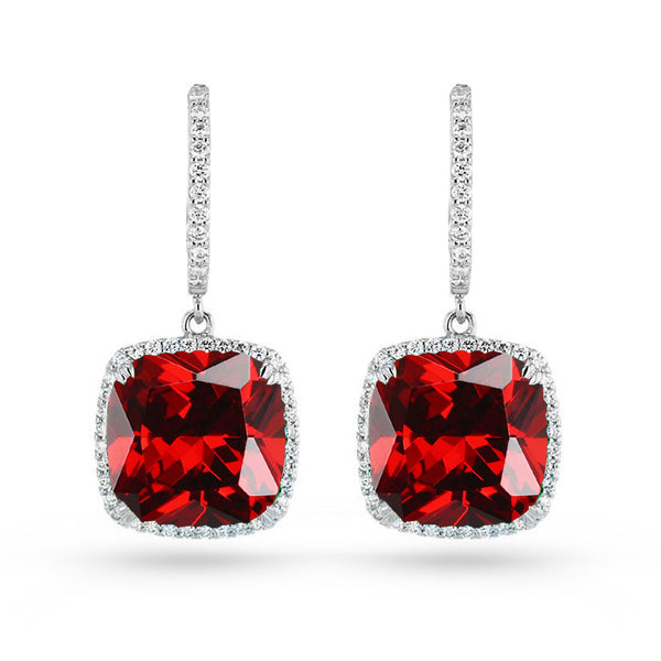 Cushion Red Cubic Zirconia Gold Plated Sterling Silver Drop Earrings