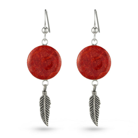Coral and Feather Drop Earrings
