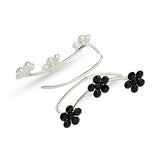Black Crystal Flowers Sterling Silver Ear Climbers