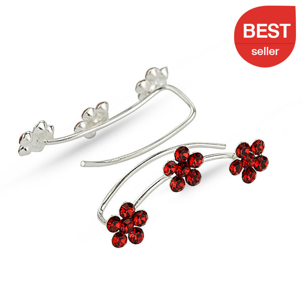 Red Crystal Flowers Sterling Silver Ear Climbers