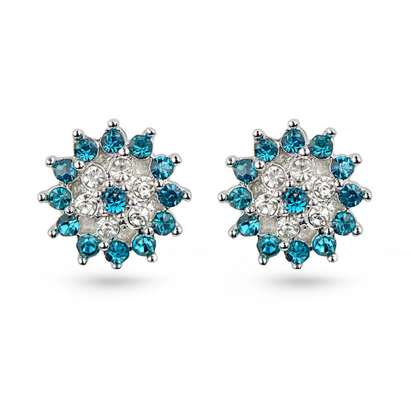 Cubic Zirconia Aquamarine Snowflake Sterling Silver Stud Earrings 