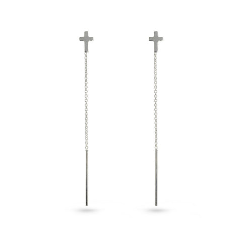 Silver Cross And Chain Thread Stud Earrings