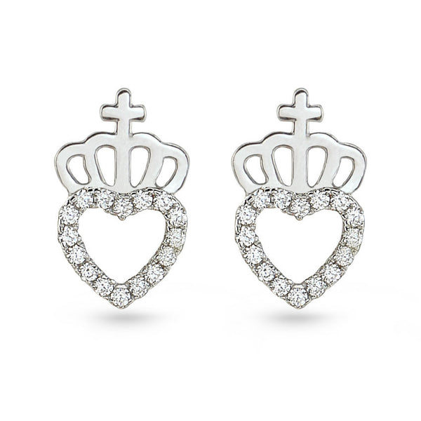 Silver Crown And Cubic Zirconia Heart Stud Earrings