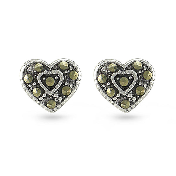Olive Green Marcasite Heart Sterling Silver Stud Earrings