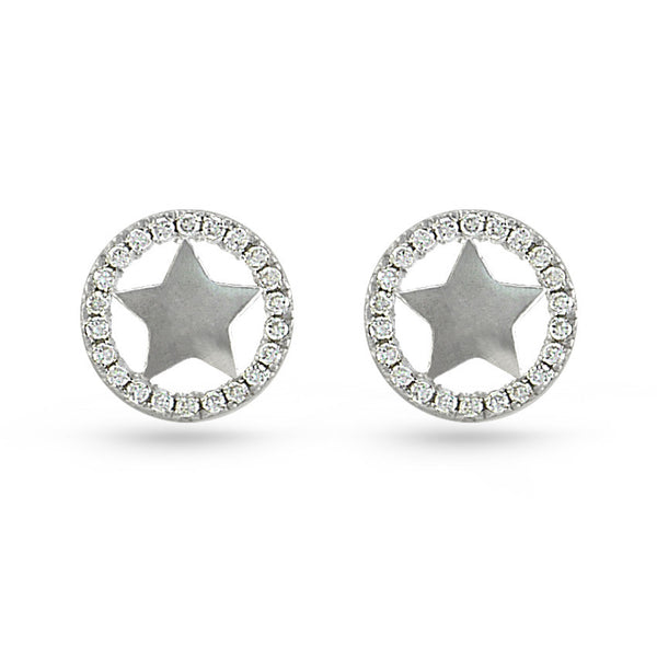Cubic Zirconia Circle Sterling Silver Sheriff Star Stud Earrings