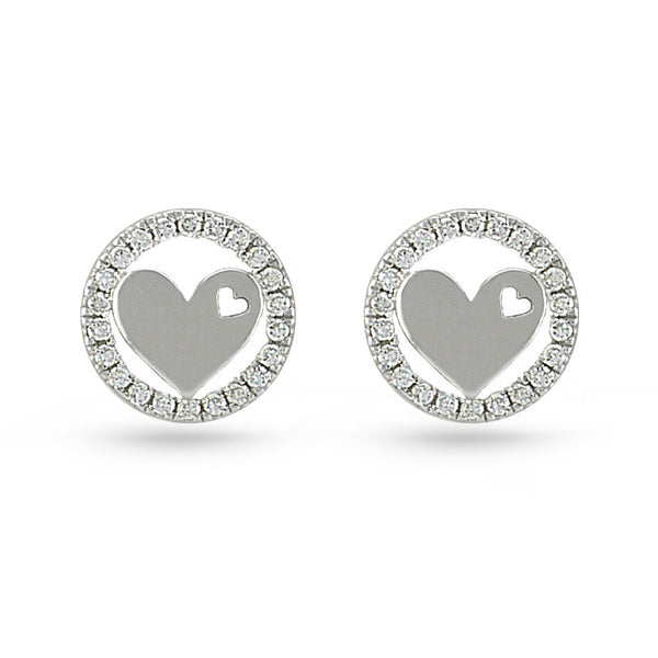 Cubic Zirconia Circle Sterling Silver Heart Stud Earrings