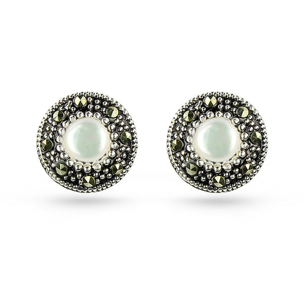 Sea Shell And Marcasite Round Stud Earrings