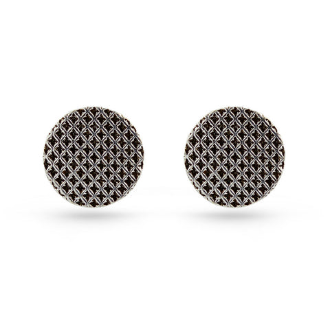 Round Silver Checker Pattern Stud Earrings