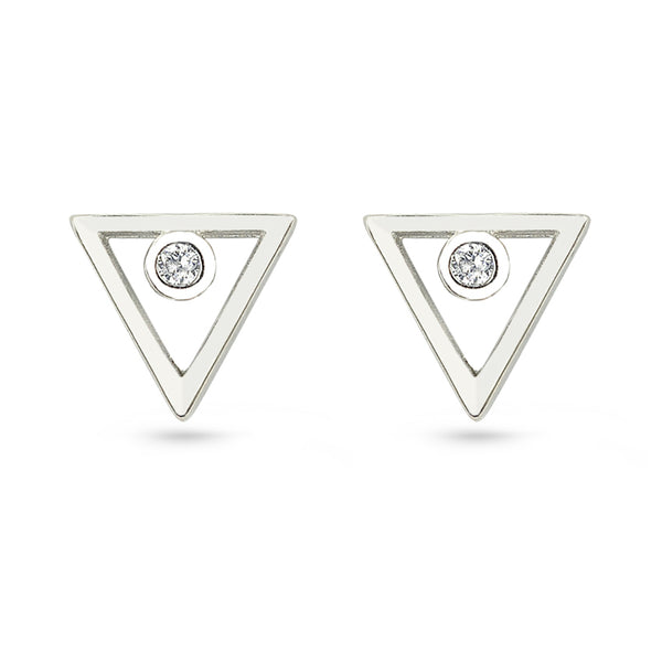Silver Triangle CZ Circle Stud Earrings
