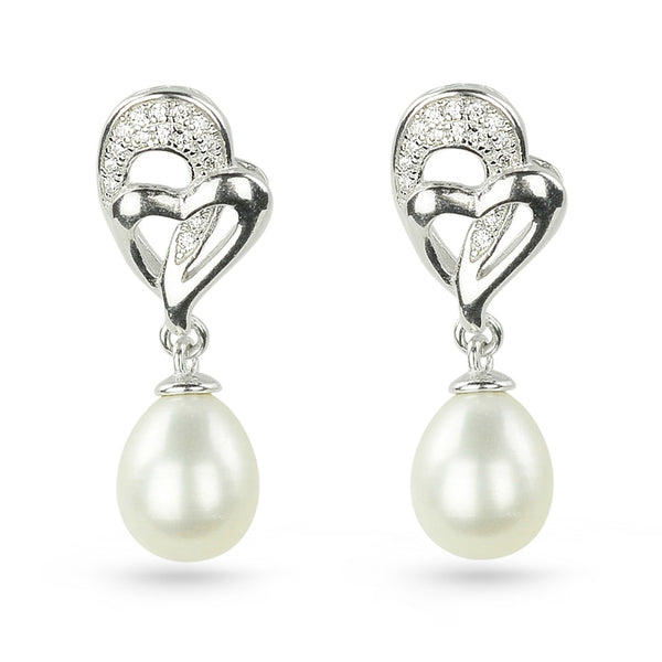 Sterling Silver Heart Freshwater Pearl And Cubic Zirconia Drop Earrings