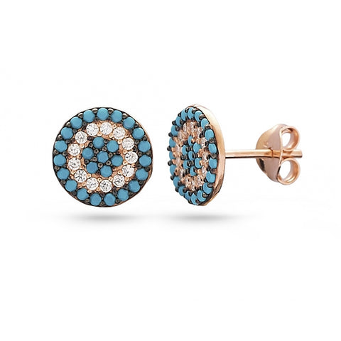 Handmade Cubic Zirconia & Turquoise Circle Stud Earrings (Rose)
