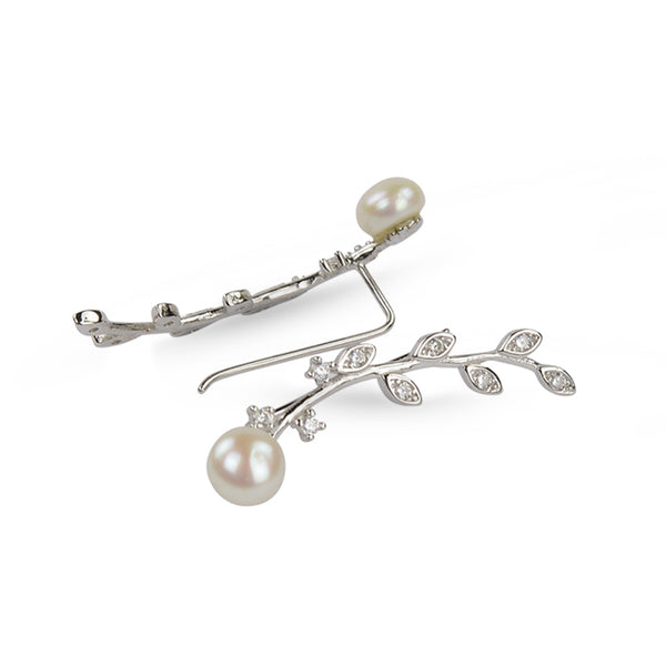 Freshwater Pearl And Cubic Zirconia Silver Leaf Climber Earrings