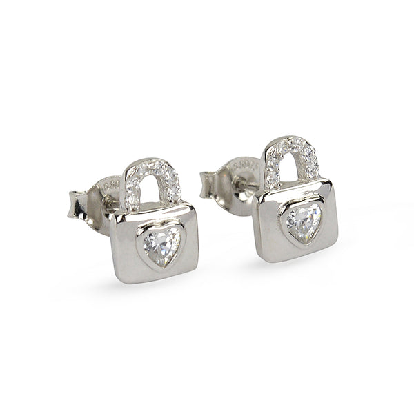 Secret Heart Lock Cubic Zirconia Sterling Silver Gold Plated Stud Earrings