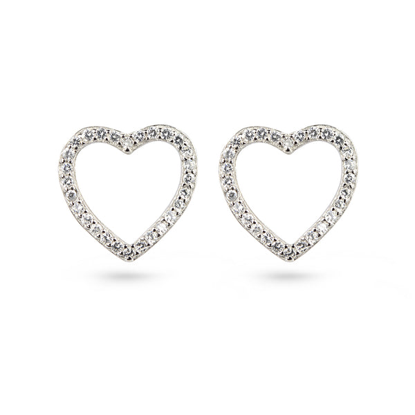 Love Heart Shaped Cubic Zirconia Frame Sterling Silver Stud Earrings