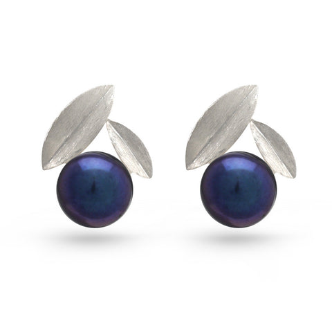 Black Pearl Leaf Stud Earrings