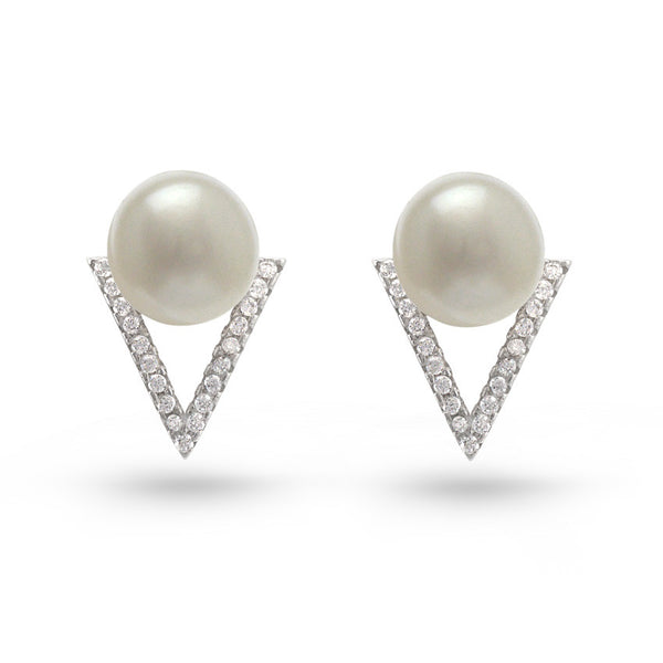 Pearl And Cubic Zirconia Triangle Stud Earrings