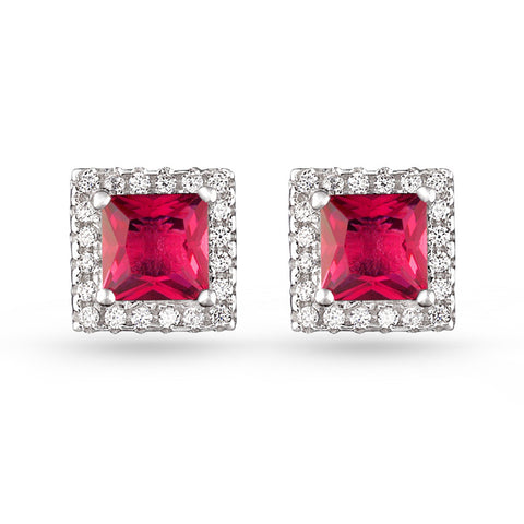 Square Pave Stud Earrings Red