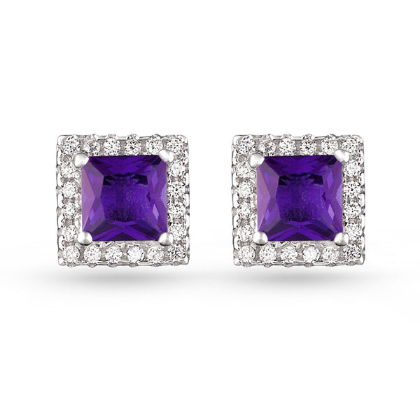 Square Pave Stud Earrings Purple