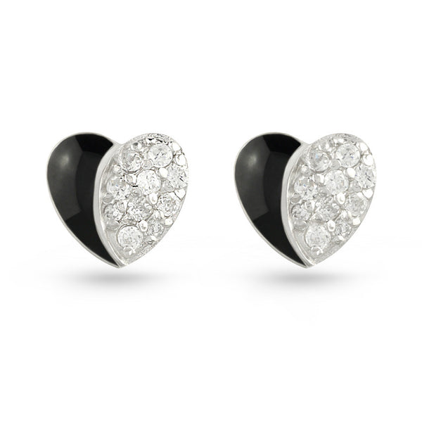 Black Moon Heart CZ Silver Stud Earrings