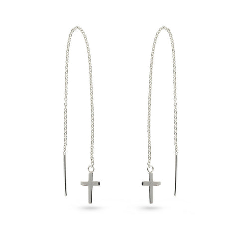 Silver Cross And Chain Thread Stud Earrings